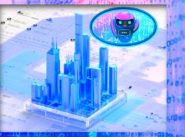 Illustration of a city blueprint with a motherboard background and AI bot, against a digital cityscape background, representing AI in construction industry.