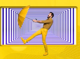 Illustration of a man struggling with an umbrella in the wind, representing how distributor sales reps can reduce customer churn.