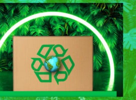 Illustration of a cardboard box with a sustainability symbol on it and a background of leaves, representing sustainable packaging examples and benefits.