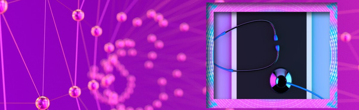 Image of a stethoscope on a tablet, with an abstract digital mesh network background, representing the concept of payvider in the healthcare industry.