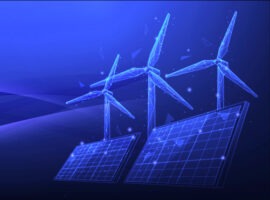 Windmills and solar panels against a blue background illustrating the energy transition.