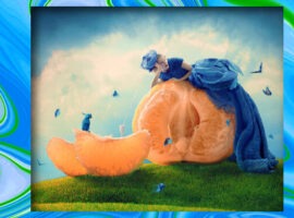 Surreal illustration of a woman with a look of boredom on her face leaning against an orange with butterflies surrounding her, representing the Customer Loyalty Index and how younger generations abandon brands because they grow bored of them.