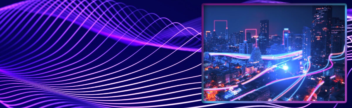 Illustration of a city with glowing light trails and connectivity symbols, representing industry convergence.