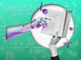 Illustration of a human hand holding a book and a robot pointing a finger along the text against the background of a blackboard, representing higher education trends in 2025.