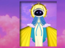 Illustration of an AI robot with a digital crown, with light beams coming out of their hands, representing the power and importance of AI in the 2025 retail trends. Illustration eines KI-Roboters mit einer digitalen Krone, aus dessen Händen Lichtstrahlen kommen, die die Macht und Bedeutung der KI in den Einzelhandelstrends 2025 darstellen.