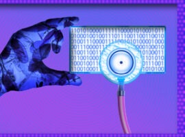 Hand of AI robot holding up binary code with electronic stethoscope to diagnose a patient, representing 2025 life sciences trends in technology. Die Hand eines KI-Roboters, der einen Binärcode mit einem elektronischen Stethoskop hochhält, um einen Patienten zu diagnostizieren, steht für die Technologietrends der Biowissenschaften im Jahr 2025.