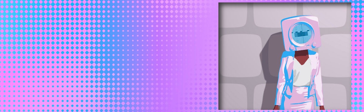 Illustration of businesswoman with retro television set over her head, representing the importance of B2B customer service for manufacturers.