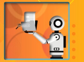 Illustration of an AI holding a folder with a search bar, representing AI in defense contracting.