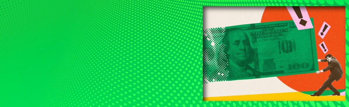 Illustration of a business person pulling on a $100 bill, representing the profitability imperative that B2B execs face.