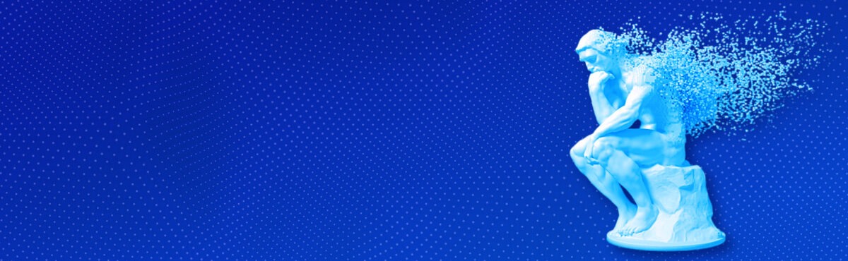 Illustration of the thinker statue with digital fade behind it, representing military AI and the need for a thoughtful approach.