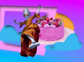 Collage art of Marie Antoinette-inspired model leaping with joy against a backdrop featuring cake, representing sinking consumer sentiment and the state of the economy in Q1 2025.