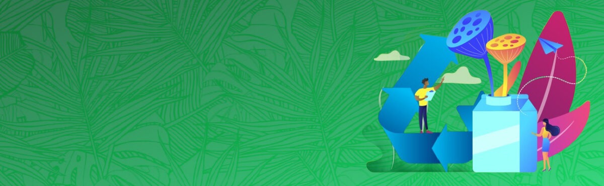 Illustration of people with large packaging and sustainability icons, representing the future of packaging.